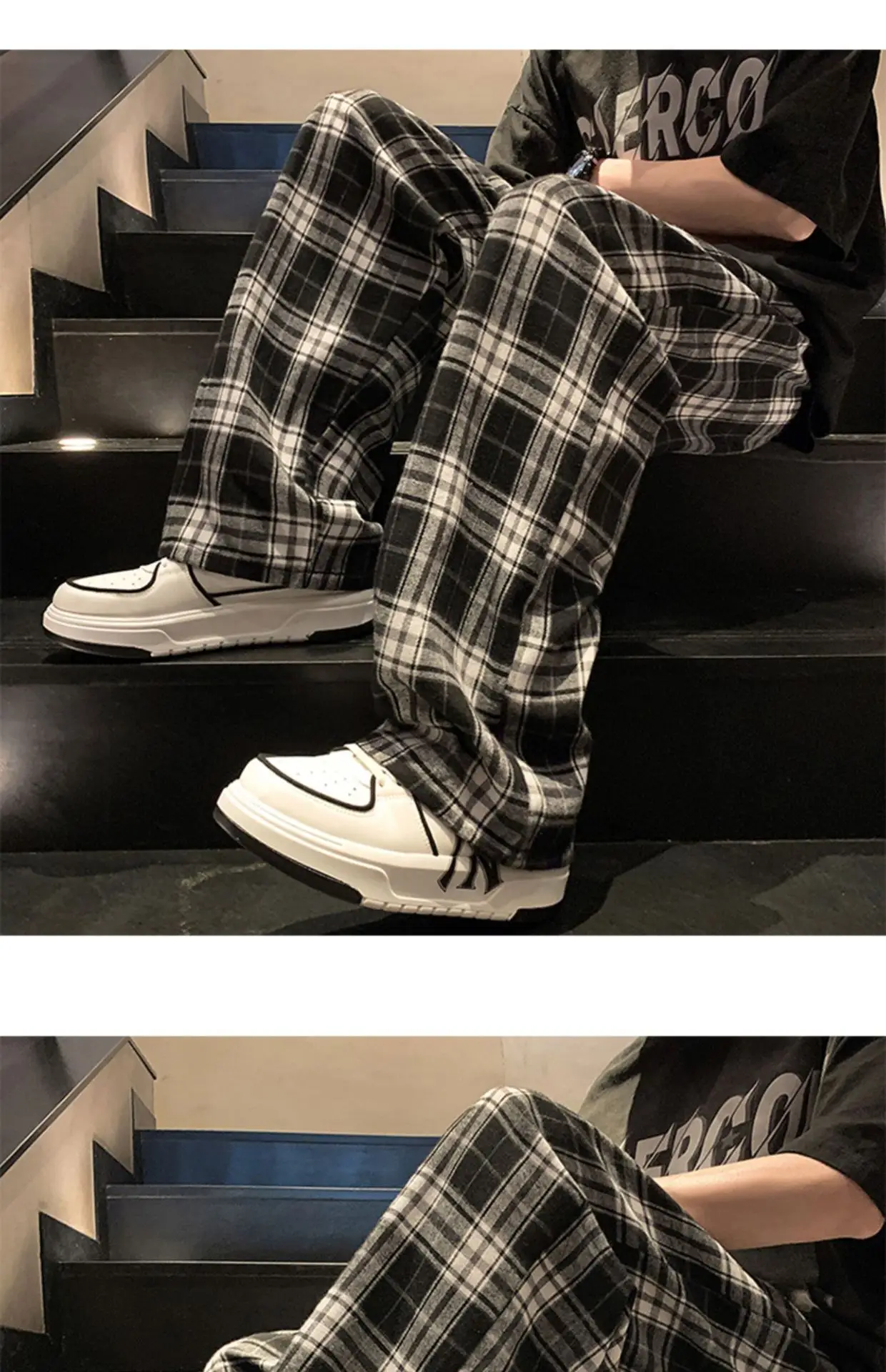 Men's Plaid Pants Black White Spring Autumn Lazy Drop — feature 26