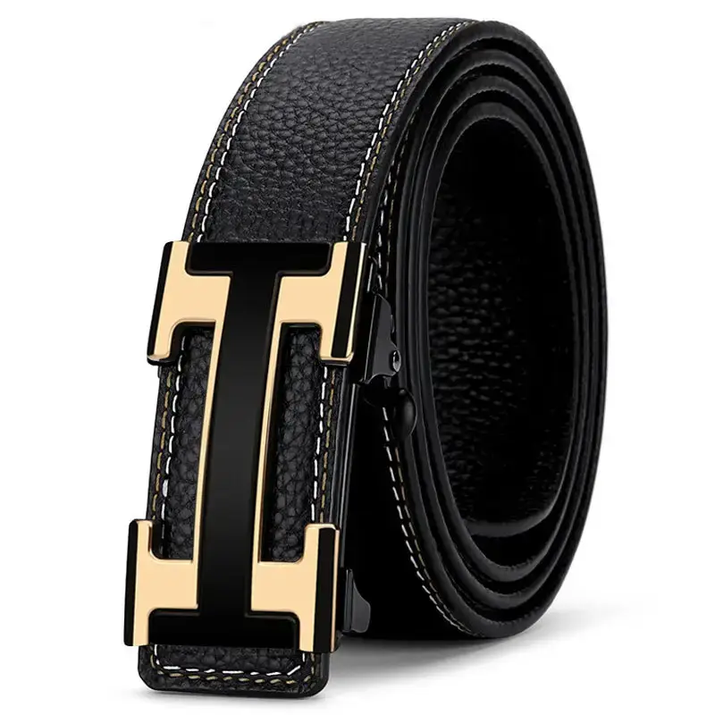 Men's Black Leather Belt with Gold Stainless Buckle - Image 4