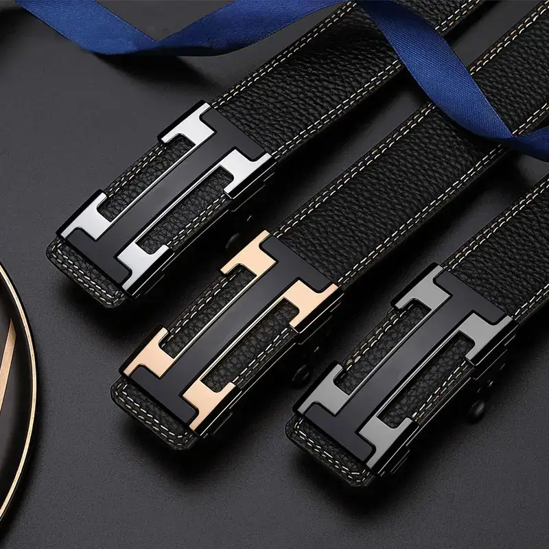 Men's Black Leather Belt with Gold Stainless Buckle - Image 5