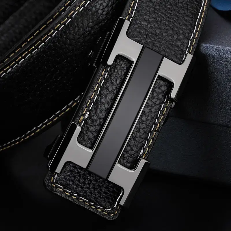 Men's Black Leather Belt with Gold Stainless Buckle - Image 6