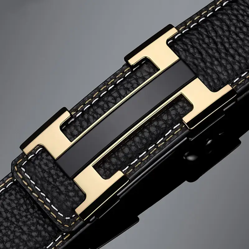 Men's Black Leather Belt with Gold Stainless Buckle