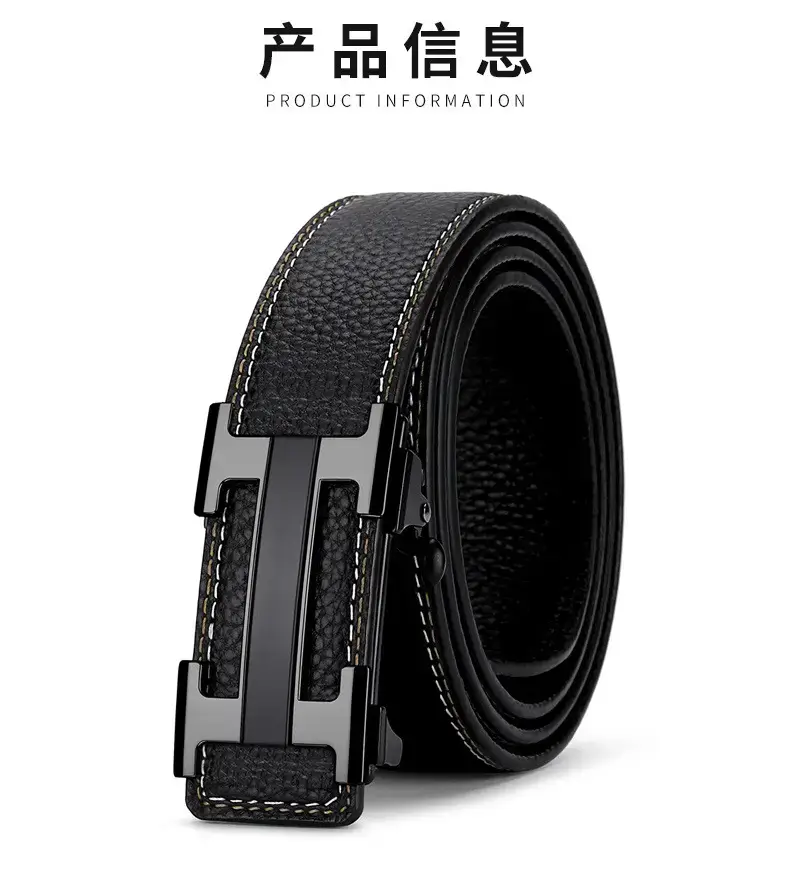 Men's Black Leather Belt with Gold Stainless Buckle — feature 10