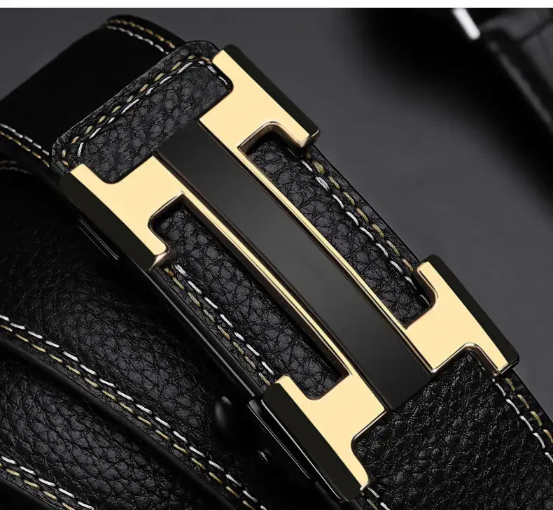 Men's Black Leather Belt with Gold Stainless Buckle — feature 13