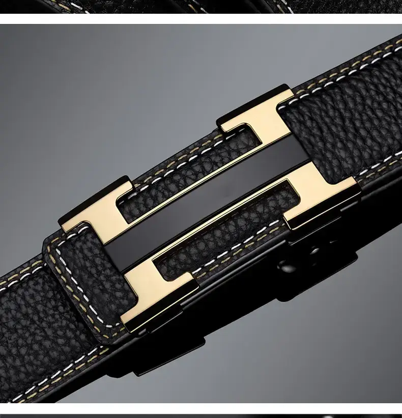 Men's Black Leather Belt with Gold Stainless Buckle — feature 14