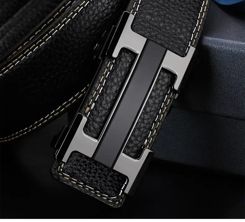 Men's Black Leather Belt with Gold Stainless Buckle — feature 17