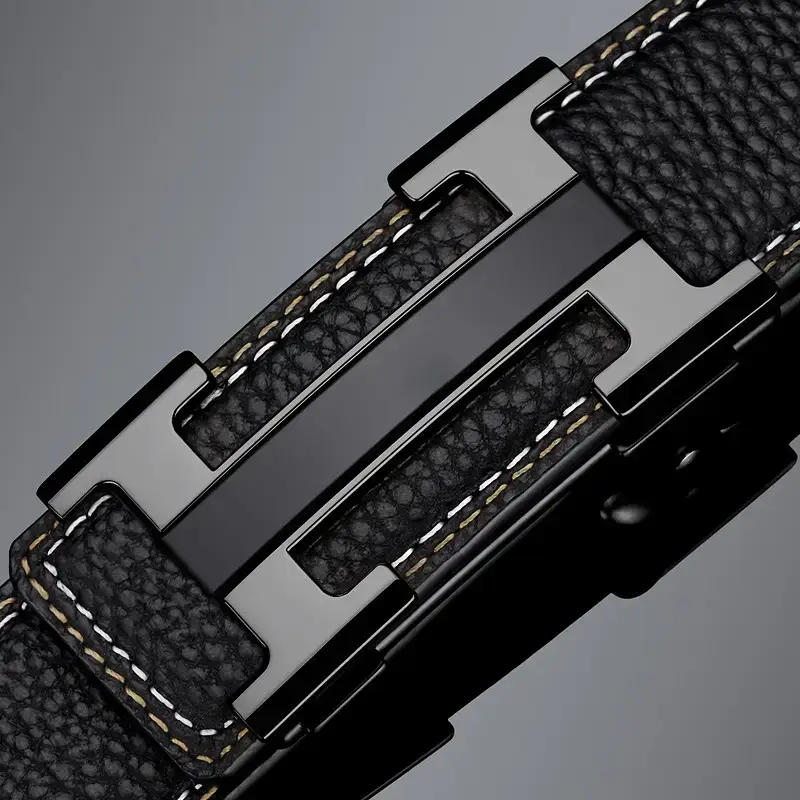 Men's Black Leather Belt with Gold Stainless Buckle - Image 2