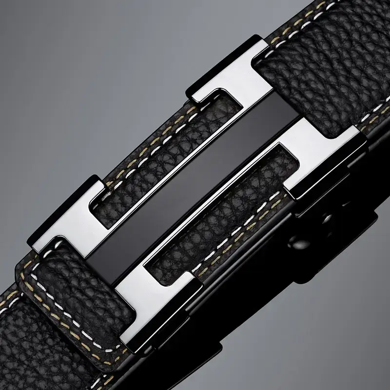Men's Black Leather Belt with Gold Stainless Buckle - Image 3