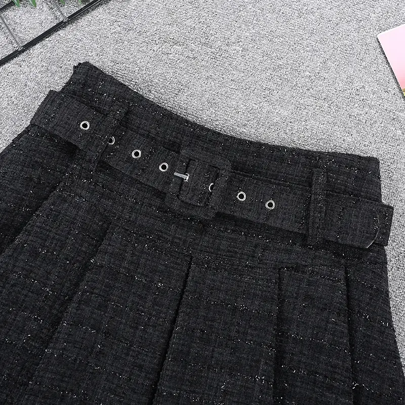 Tweed Pleated Skirt Women High Waist 2024 Winter