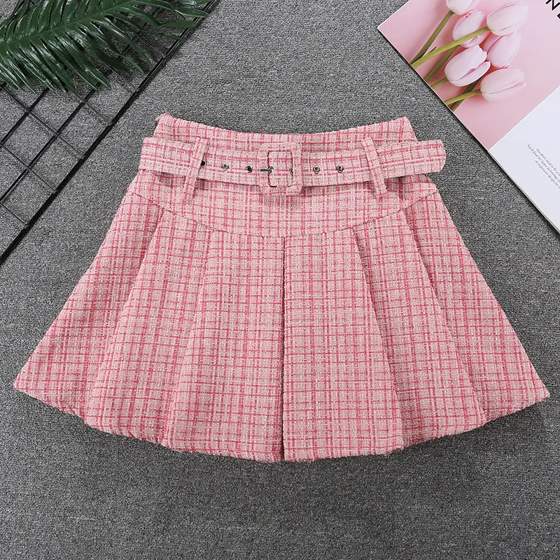 Tweed Pleated Skirt Women High Waist 2024 Winter — feature 11