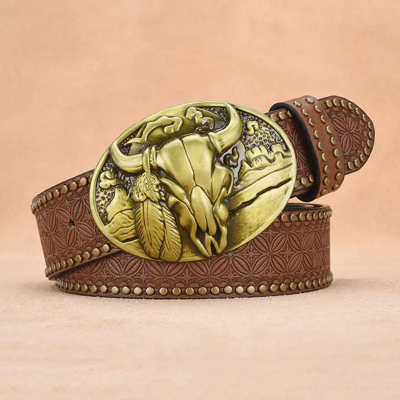 Men's Black Embossed Gold Belt with Rivet Closure - Image 4