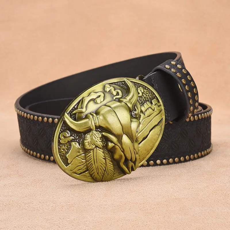 Men's Black Embossed Gold Belt with Rivet Closure - Image 5