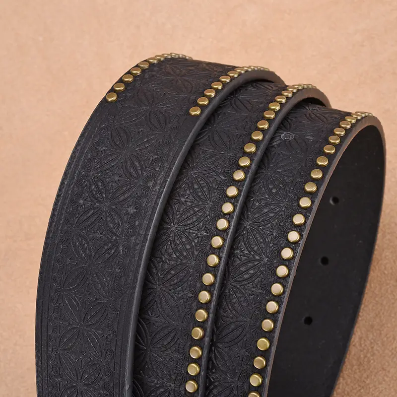 Men's Black Embossed Gold Belt with Rivet Closure - Image 6