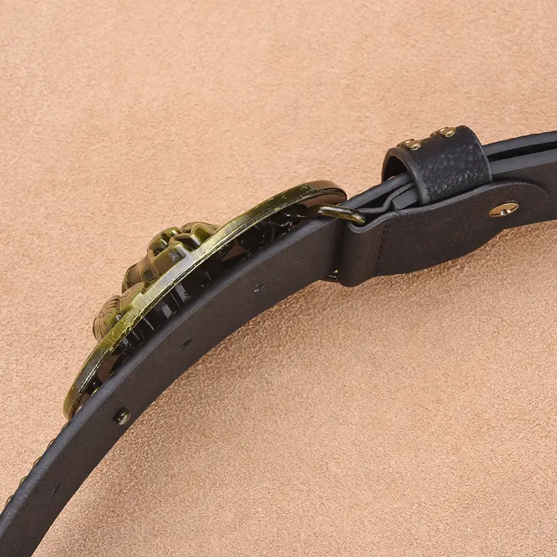 Men's Black Embossed Gold Belt with Rivet Closure - Image 7