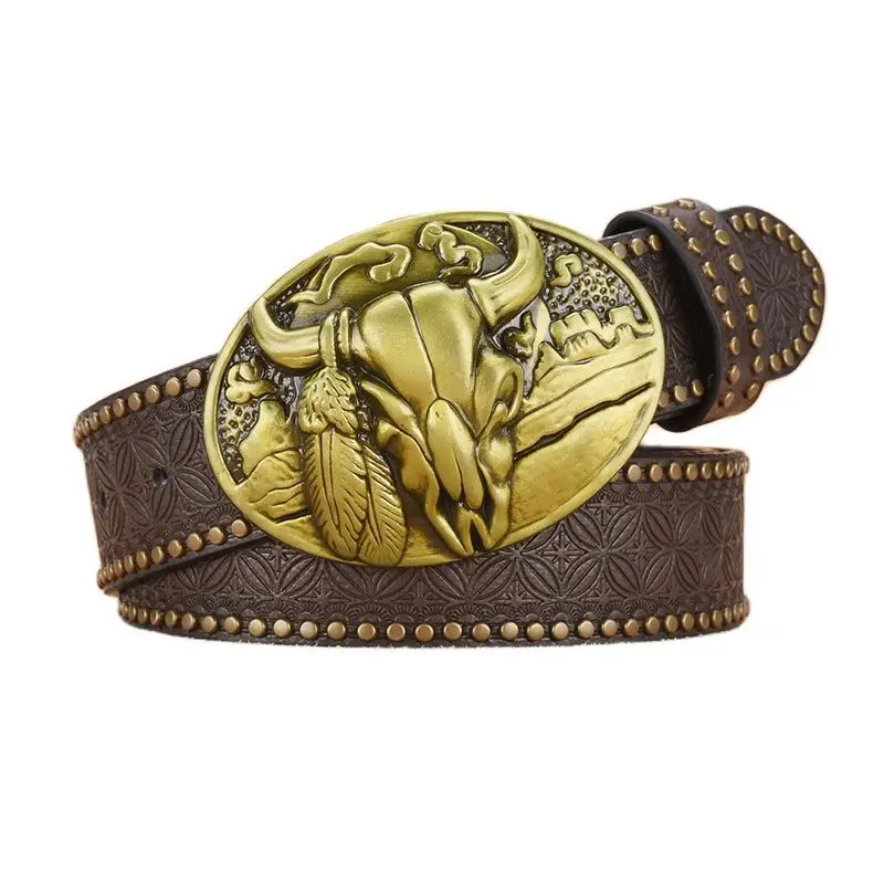 Men's Black Embossed Gold Belt with Rivet Closure - Image 8