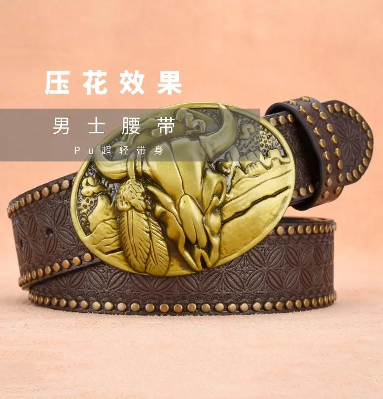 Men's Black Embossed Gold Belt with Rivet Closure — feature 1