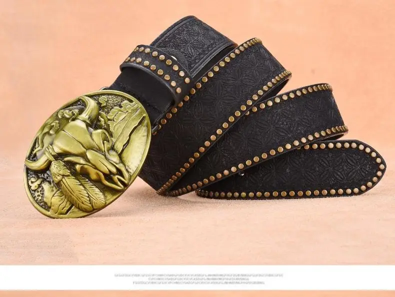 Men's Black Embossed Gold Belt with Rivet Closure — feature 4