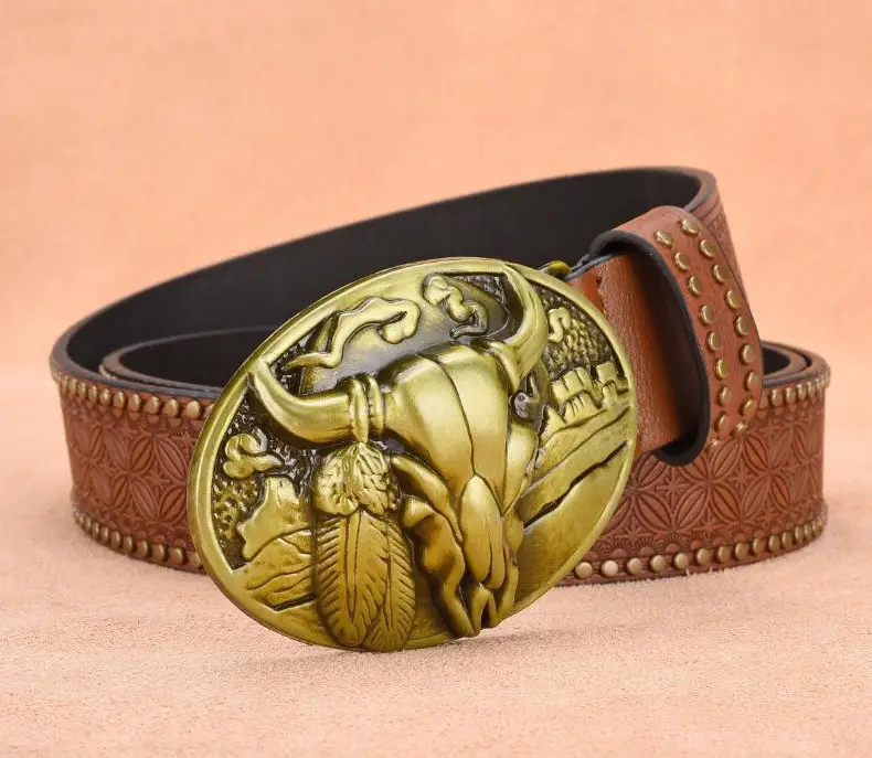 Men's Black Embossed Gold Belt with Rivet Closure — feature 8
