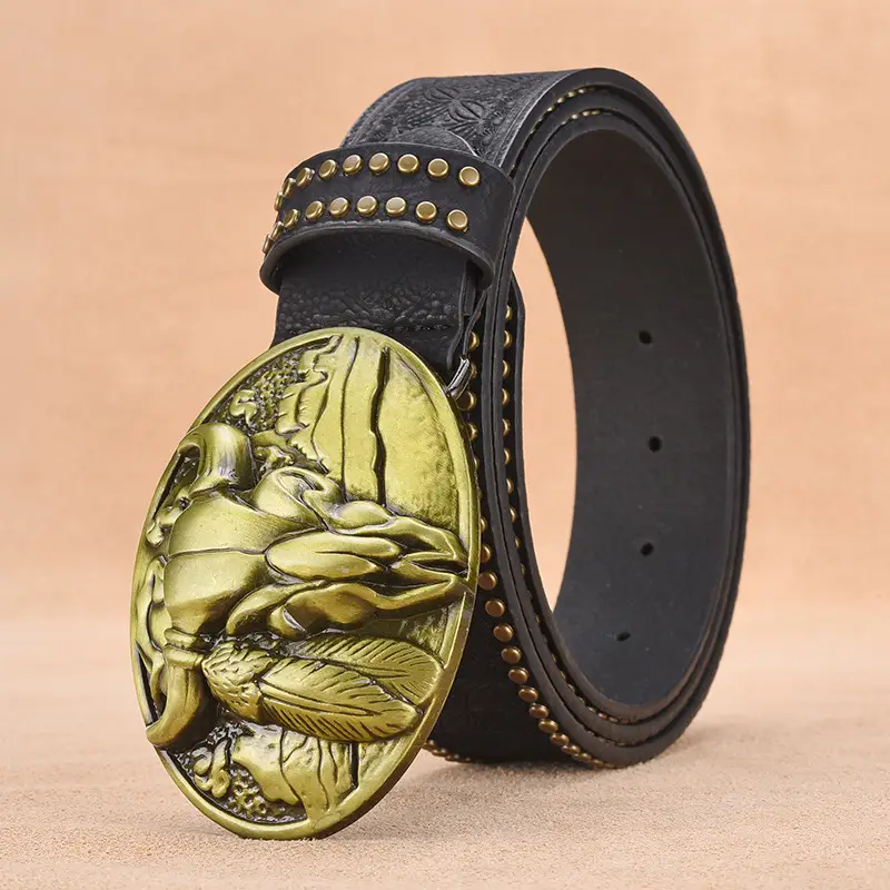 Men's Black Embossed Gold Belt with Rivet Closure