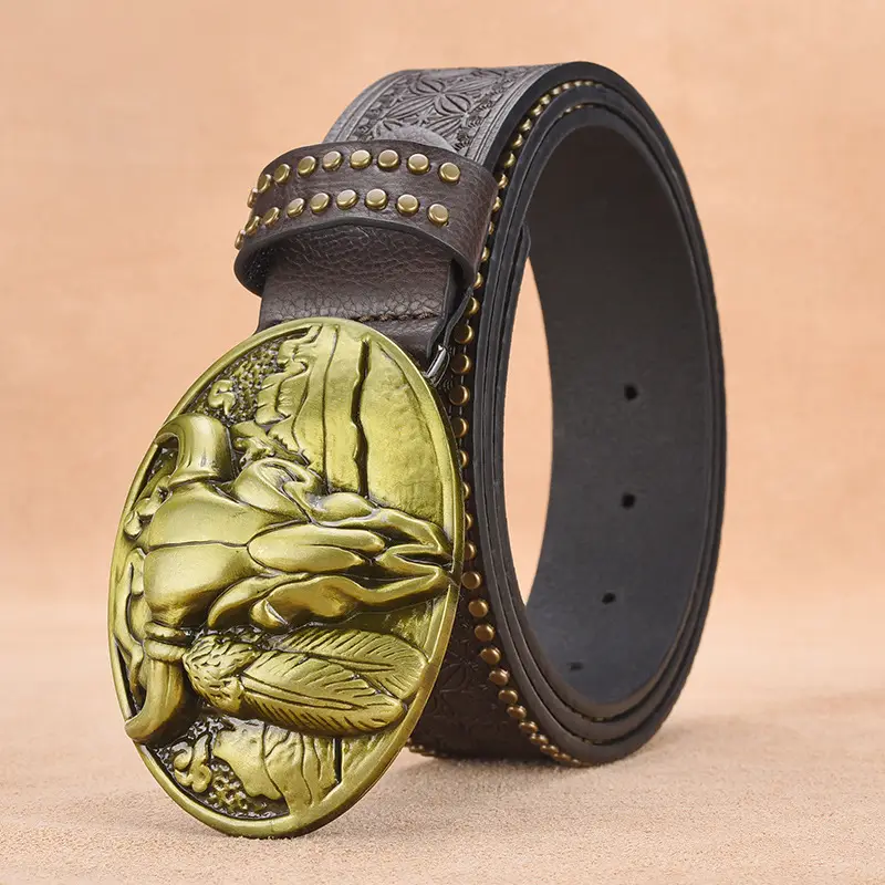 Men's Black Embossed Gold Belt with Rivet Closure - Image 2