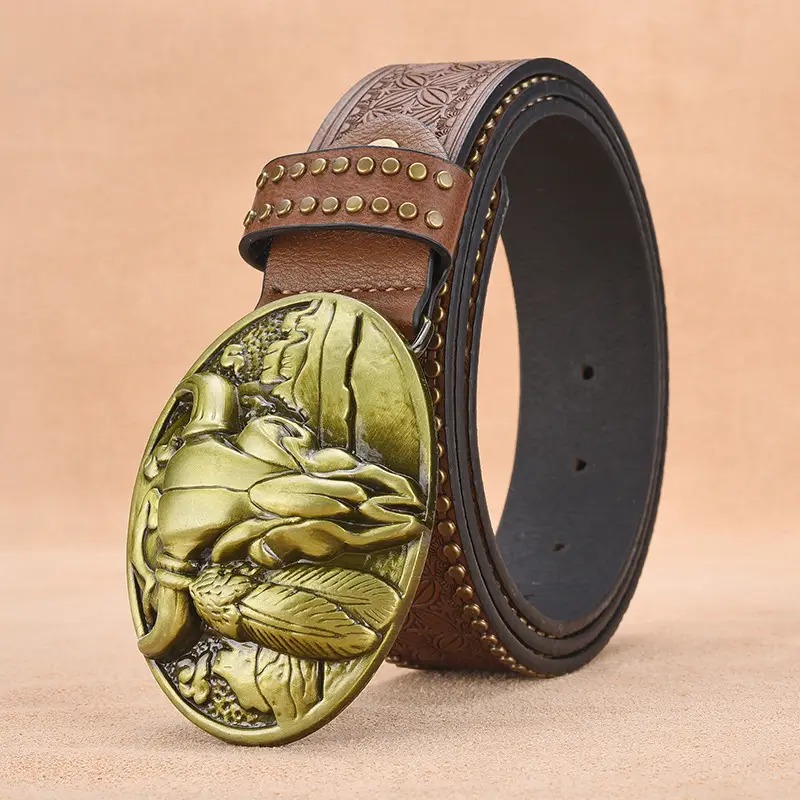 Men's Black Embossed Gold Belt with Rivet Closure - Image 3