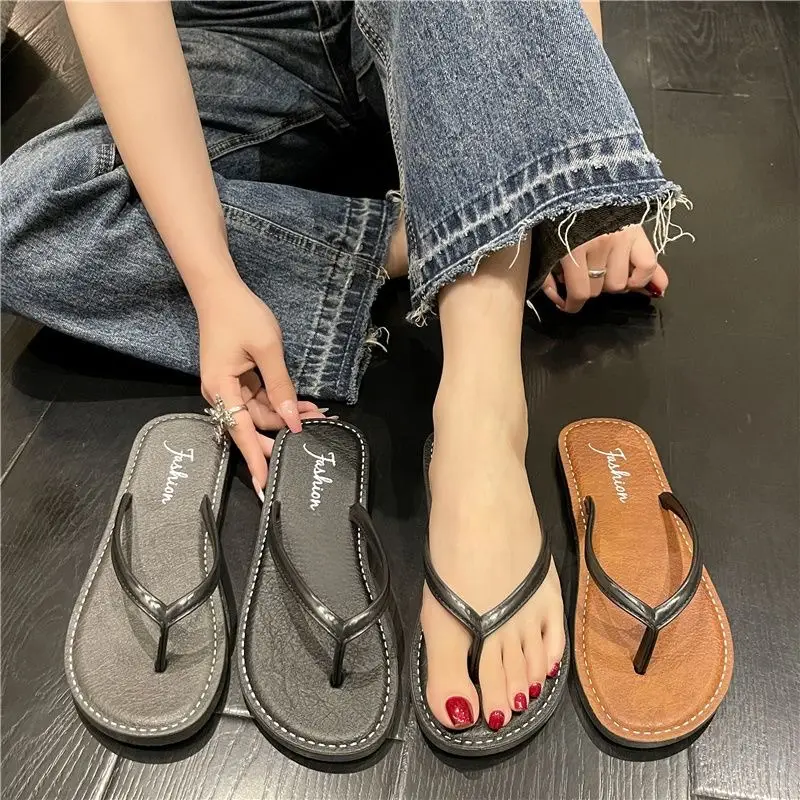 Women Black Leather Flat Sandals Summer Beach