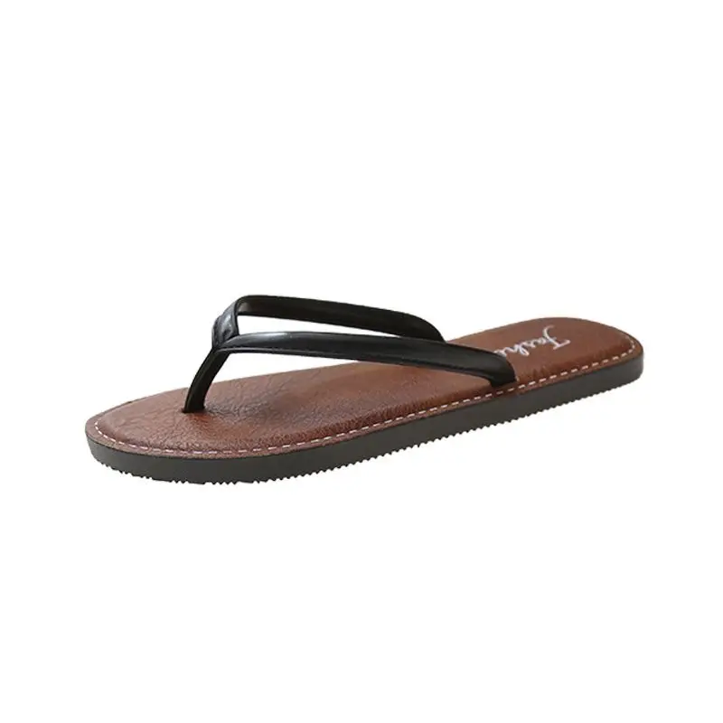 Women Black Leather Flat Sandals Summer Beach