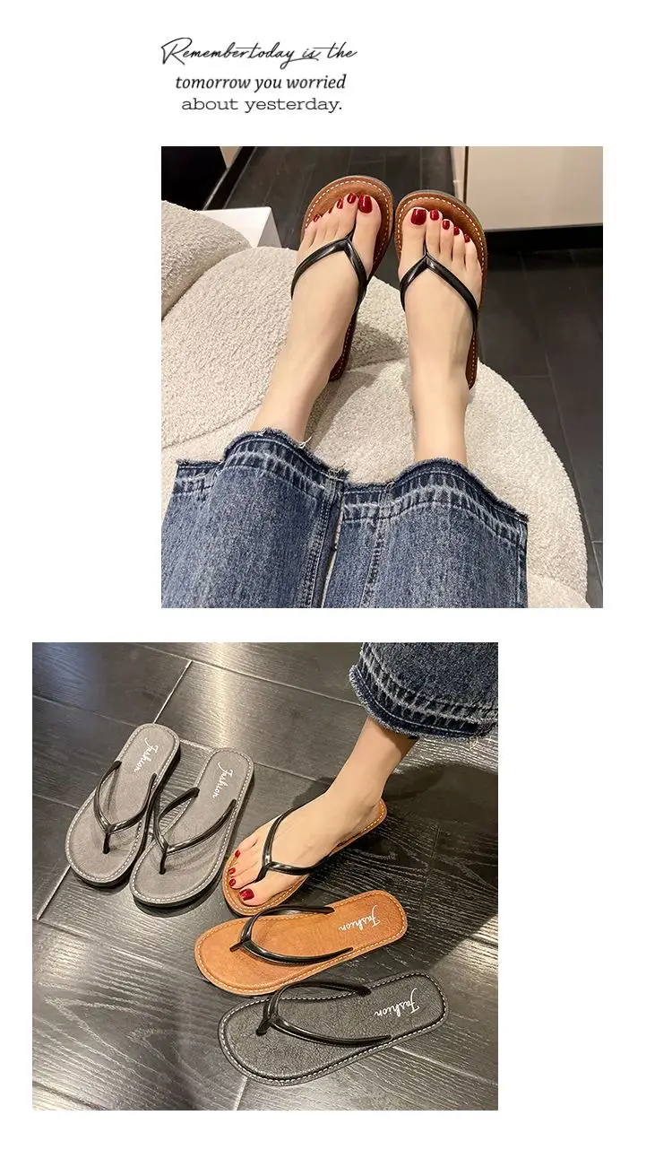 Women Black Leather Flat Sandals Summer Beach — feature 10