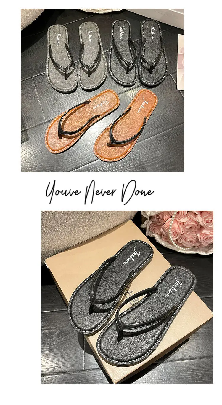 Women Black Leather Flat Sandals Summer Beach — feature 12