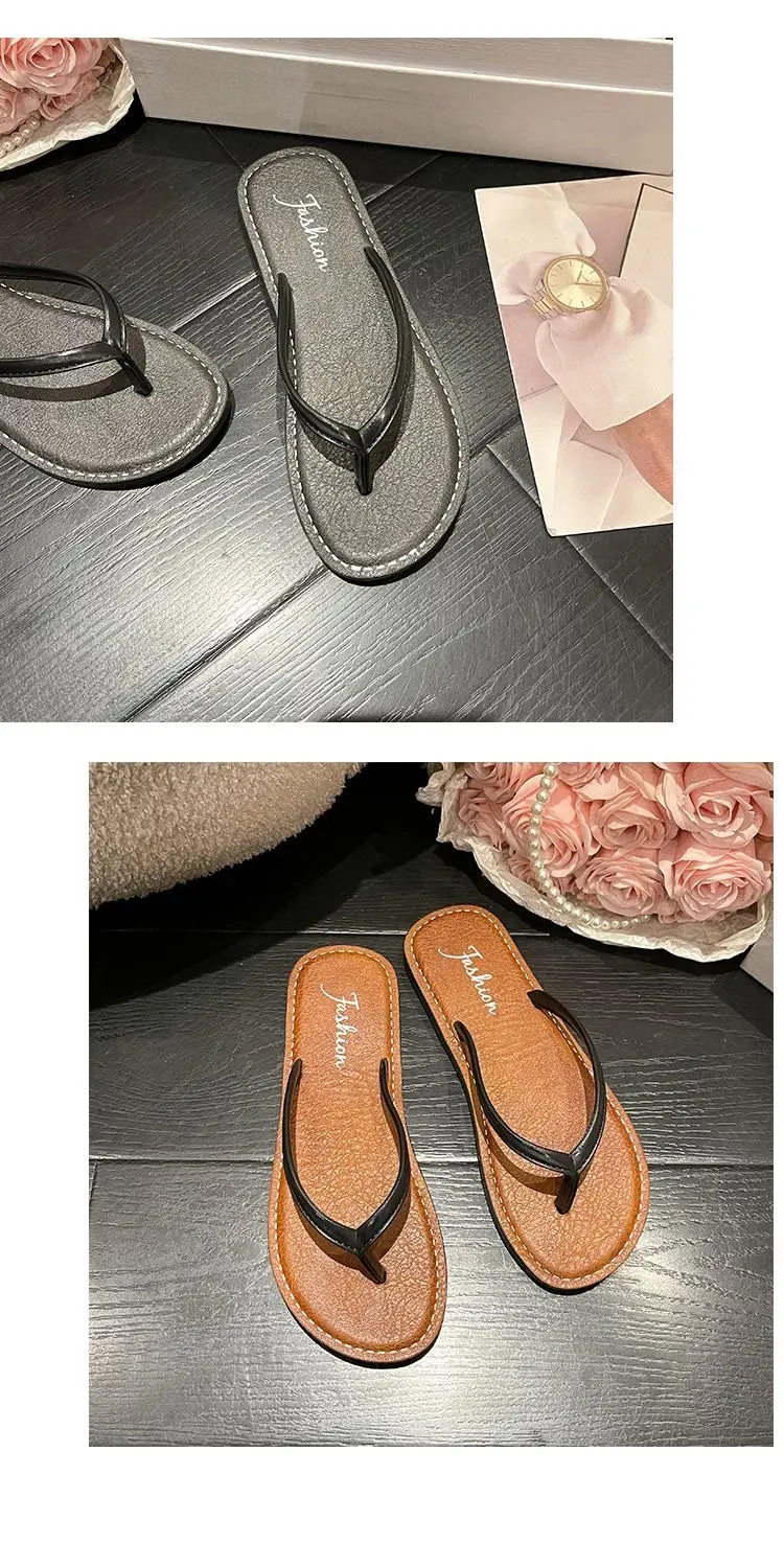 Women Black Leather Flat Sandals Summer Beach — feature 14