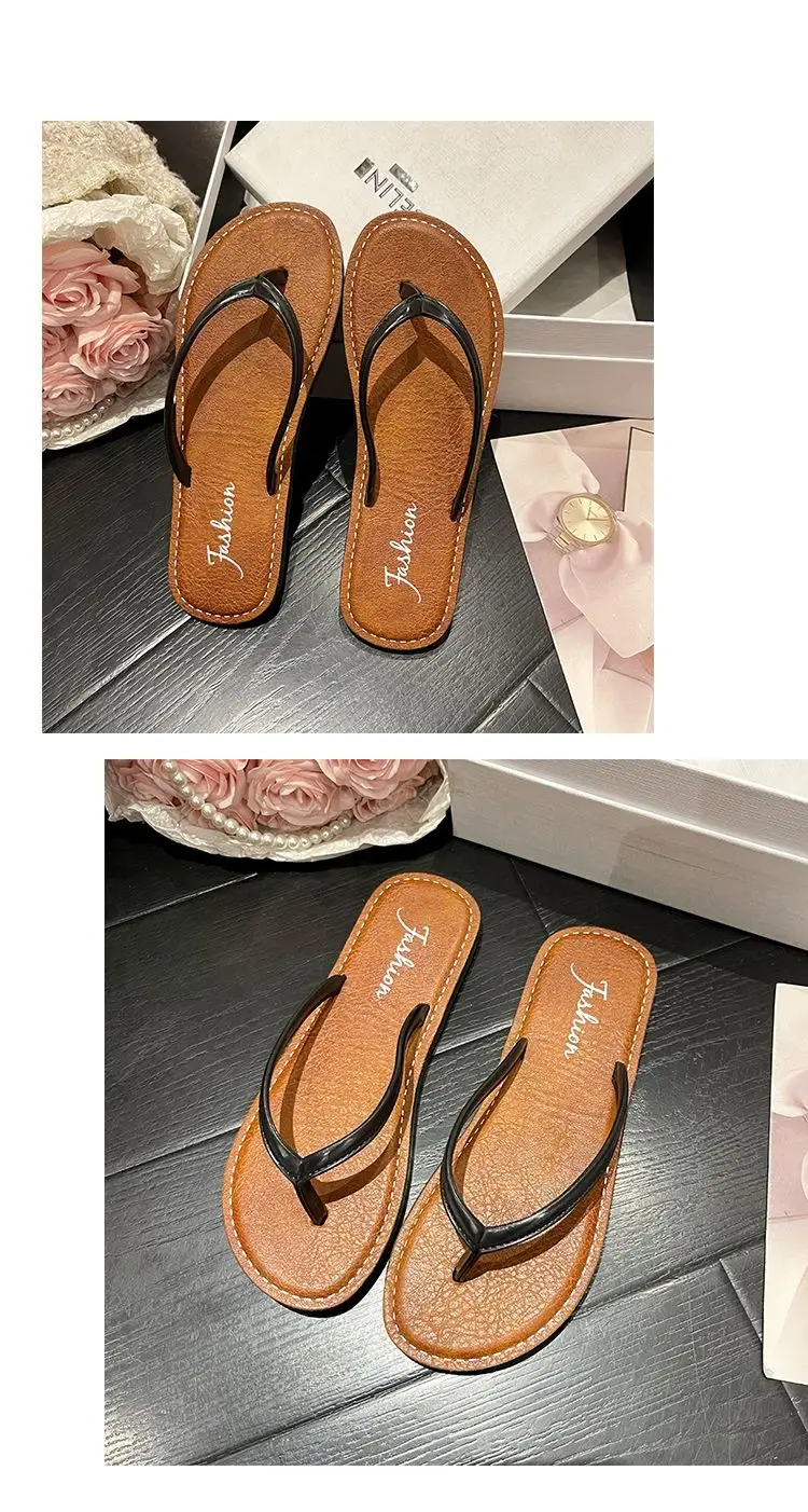 Women Black Leather Flat Sandals Summer Beach — feature 15