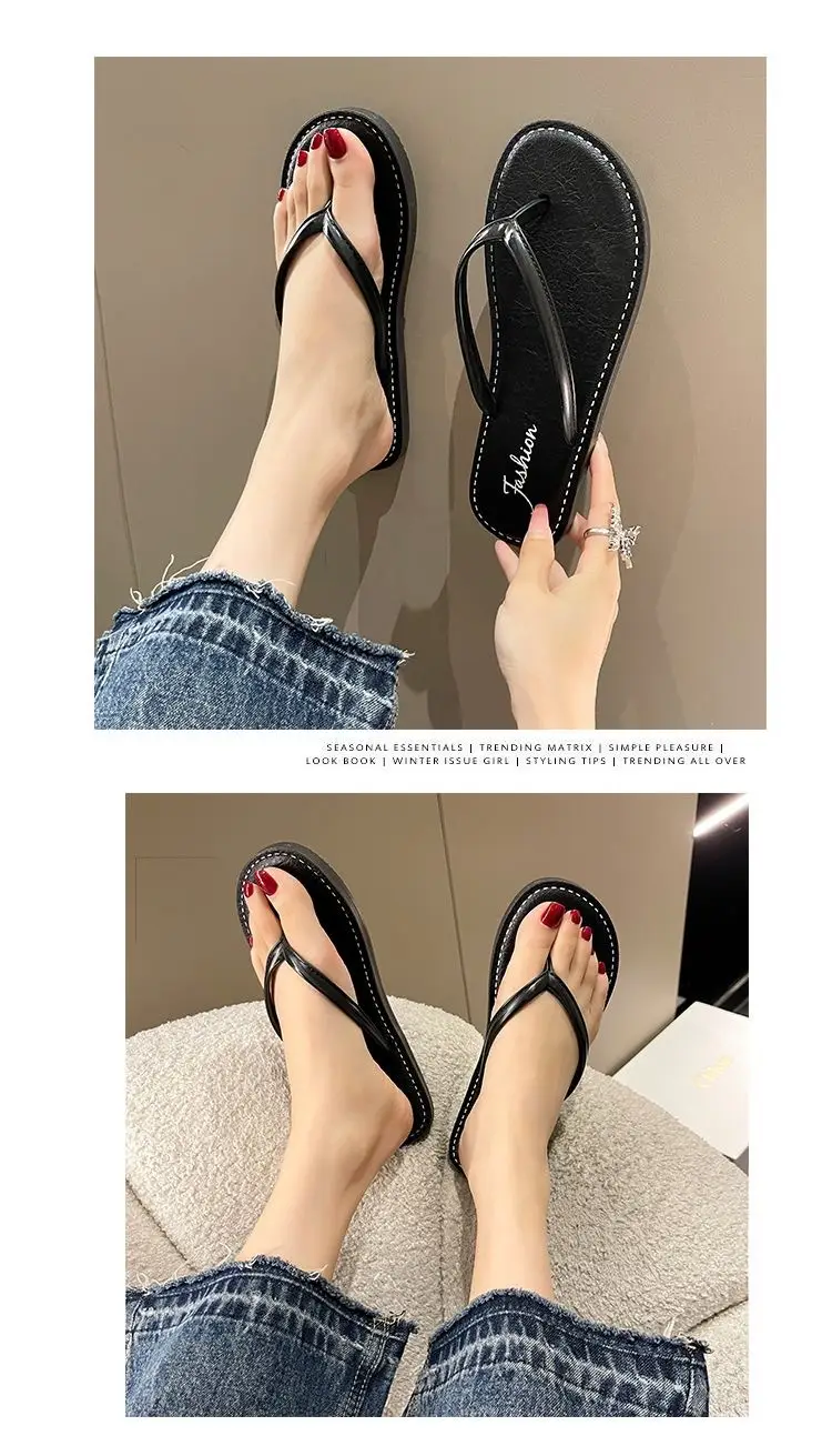 Women Black Leather Flat Sandals Summer Beach — feature 4