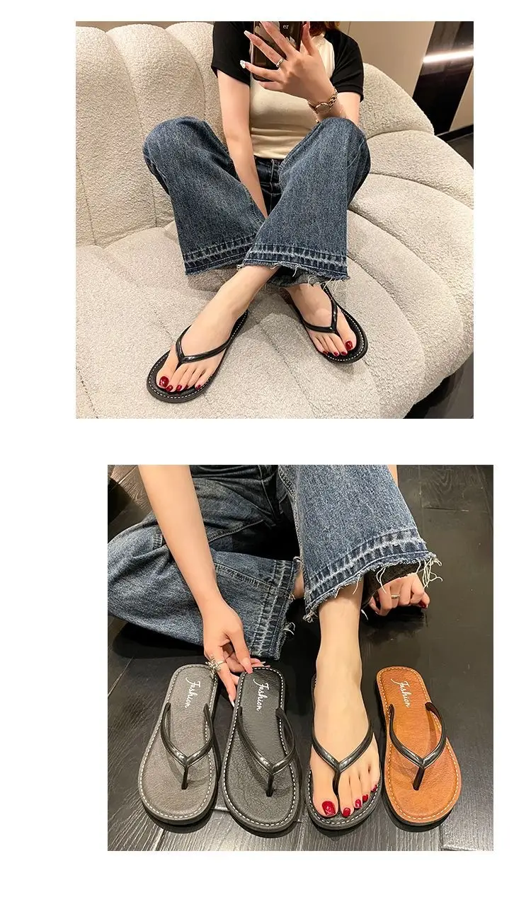 Women Black Leather Flat Sandals Summer Beach — feature 5