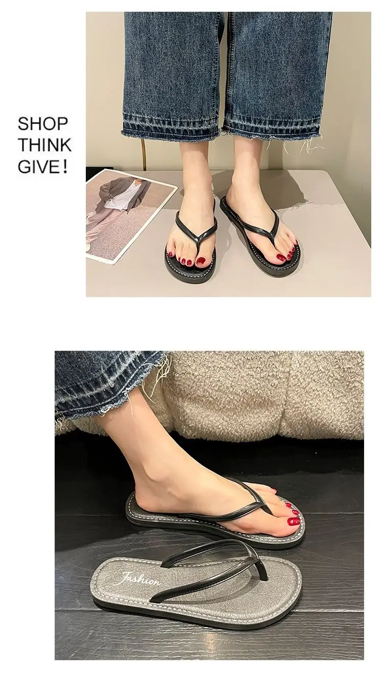 Women Black Leather Flat Sandals Summer Beach — feature 6