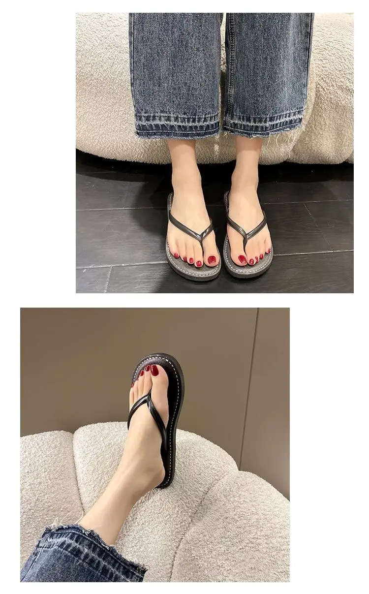 Women Black Leather Flat Sandals Summer Beach — feature 7