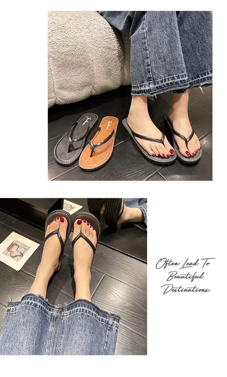 Women Black Leather Flat Sandals Summer Beach — feature 8