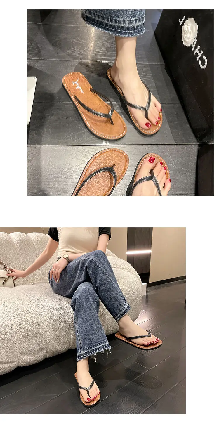 Women Black Leather Flat Sandals Summer Beach — feature 9