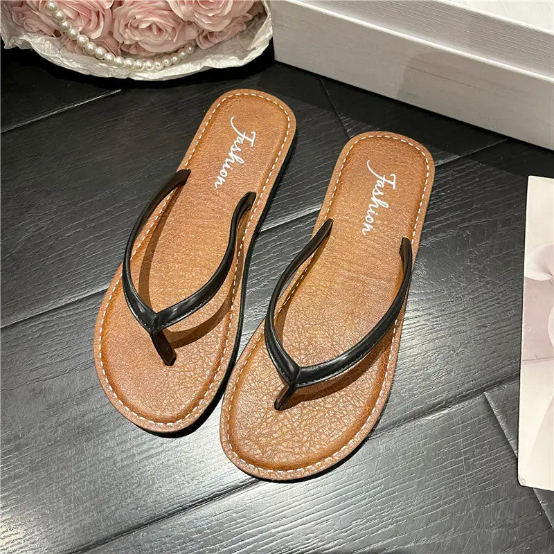 Women Black Leather Flat Sandals Summer Beach