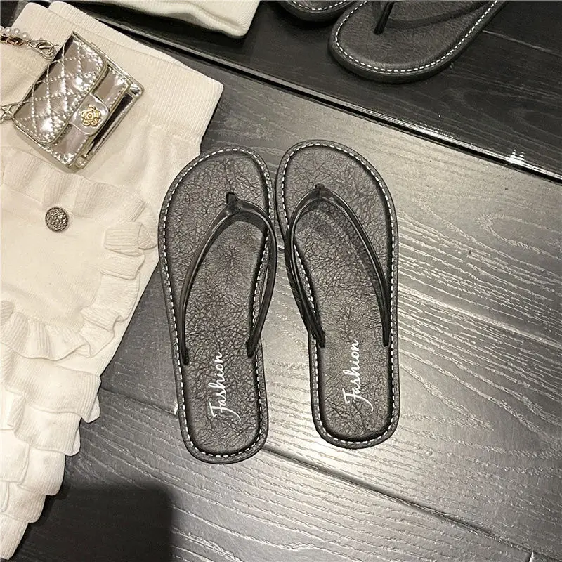 Women Black Leather Flat Sandals Summer Beach