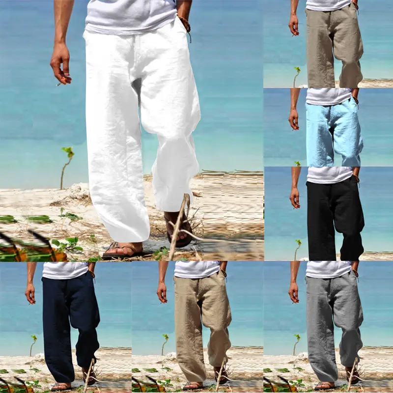Men's Grey Linen Straight Leg Pants Casual Wear — feature 2