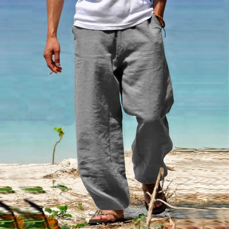 Men's Grey Linen Straight Leg Pants Casual Wear - Image 4