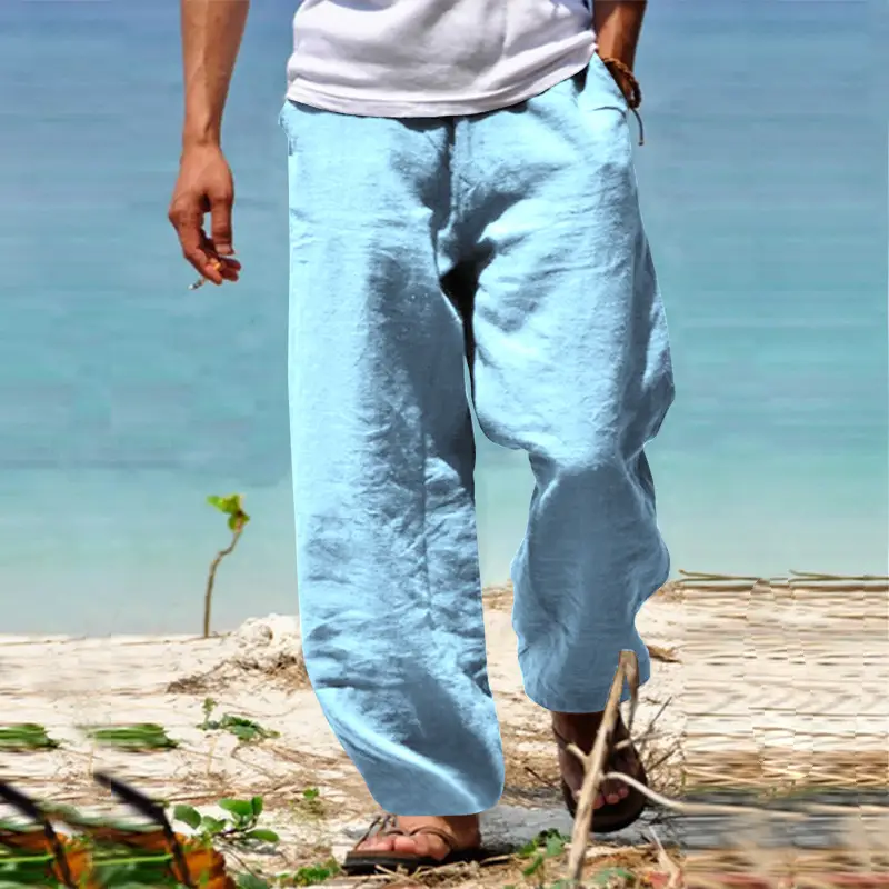 Men's Grey Linen Straight Leg Pants Casual Wear - Image 6