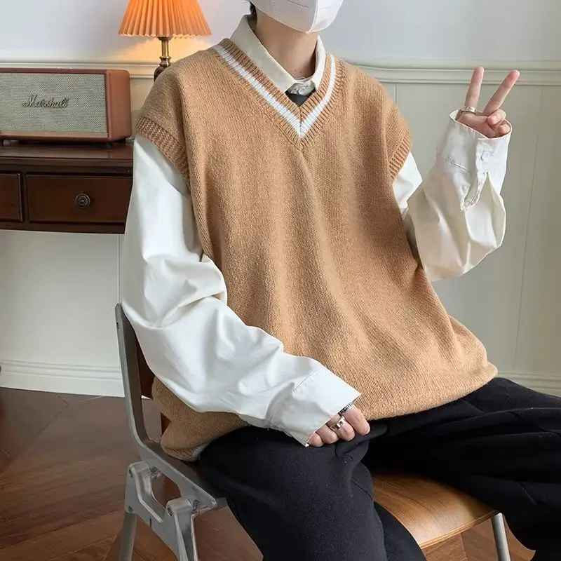 Men V-Neck Knit Vest Brown White Sleeveless - Image 2