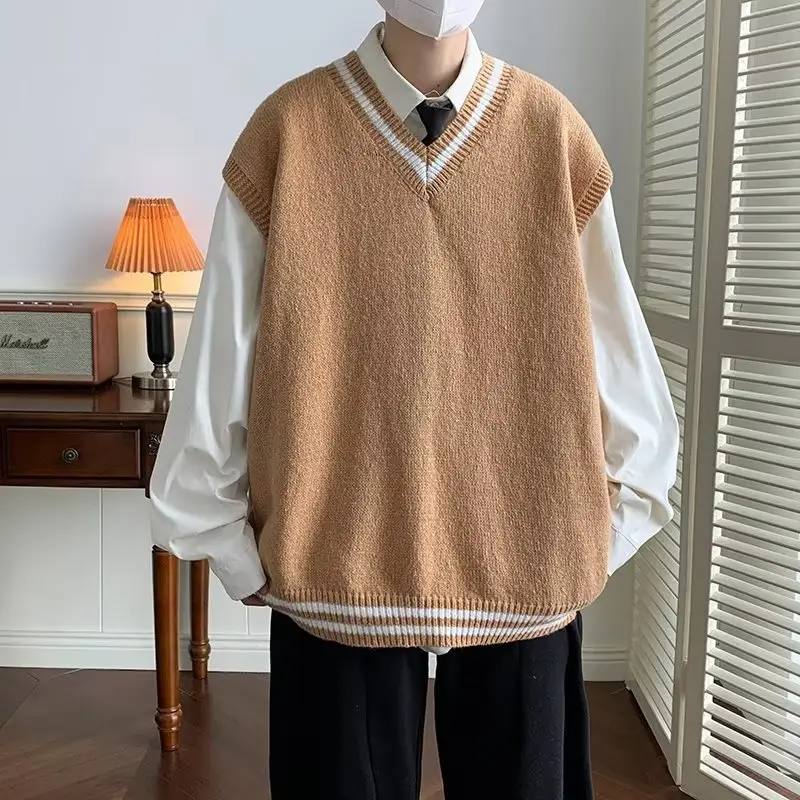 Men V-Neck Knit Vest Brown White Sleeveless - Image 4