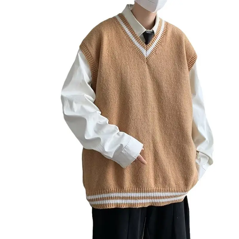 Men V-Neck Knit Vest Brown White Sleeveless - Image 5