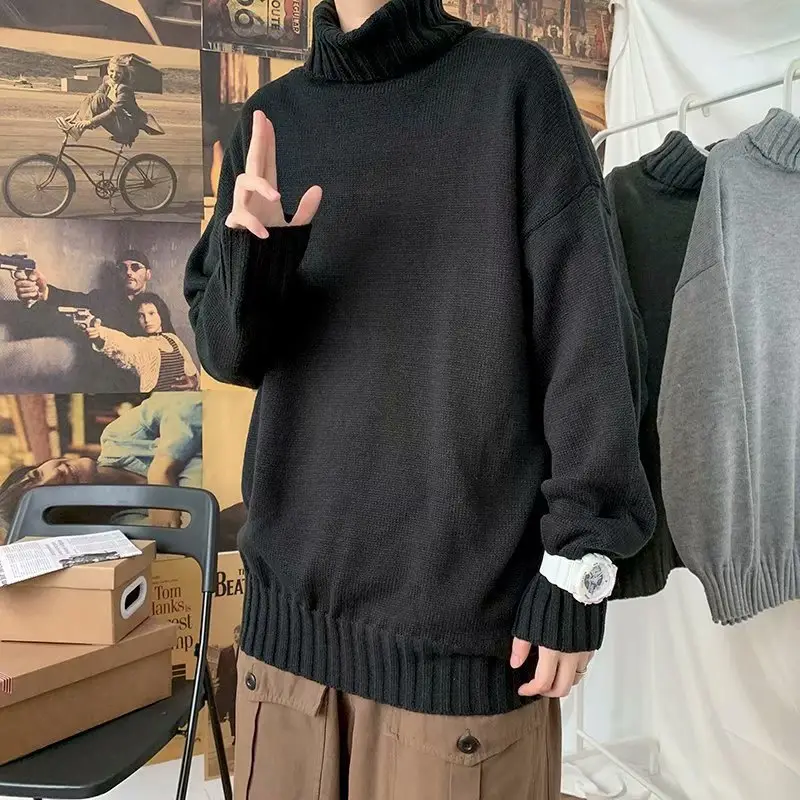 Men's White Turtleneck Sweater Lazy Style Loose Coat - Image 12