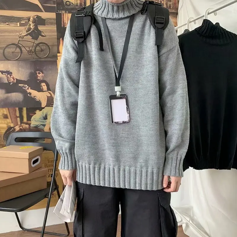 Men's White Turtleneck Sweater Lazy Style Loose Coat — feature 4