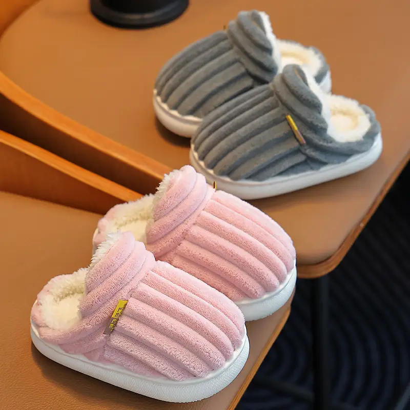 Children's cotton slippers winter boys and girls baby plush slippers indoor bag heel warm plush non-slip parent-child slippers