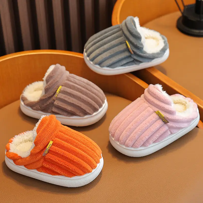 Children's cotton slippers winter boys and girls baby plush slippers indoor bag heel warm plush non-slip parent-child slippers