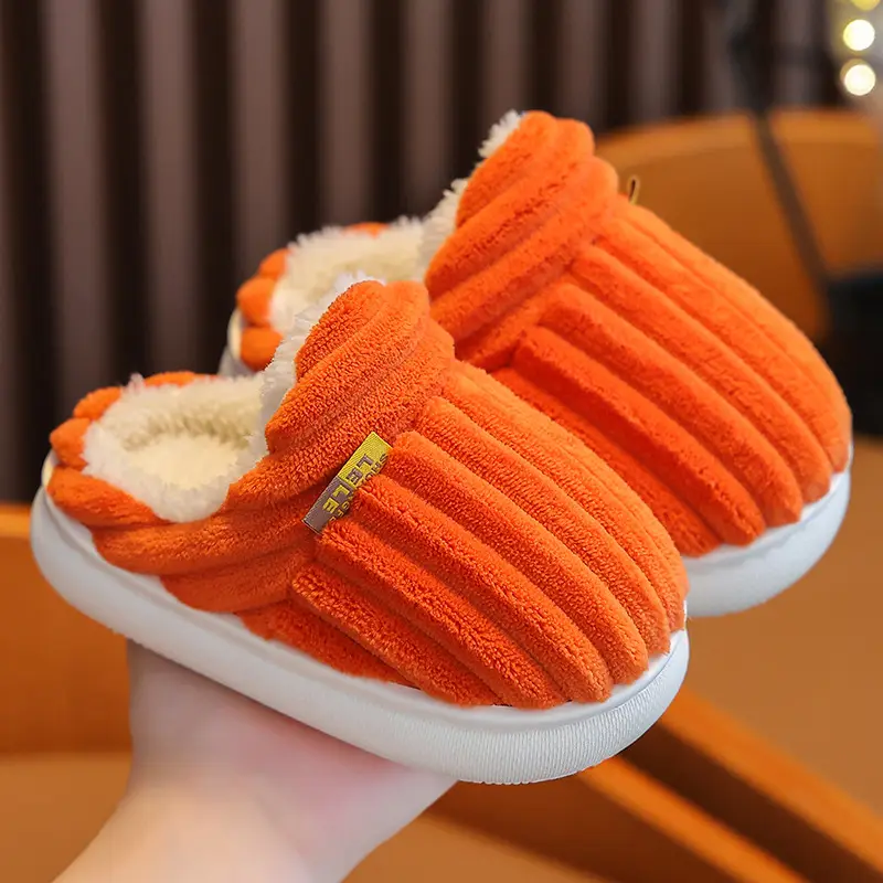 Children's cotton slippers winter boys and girls baby plush slippers indoor bag heel warm plush non-slip parent-child slippers