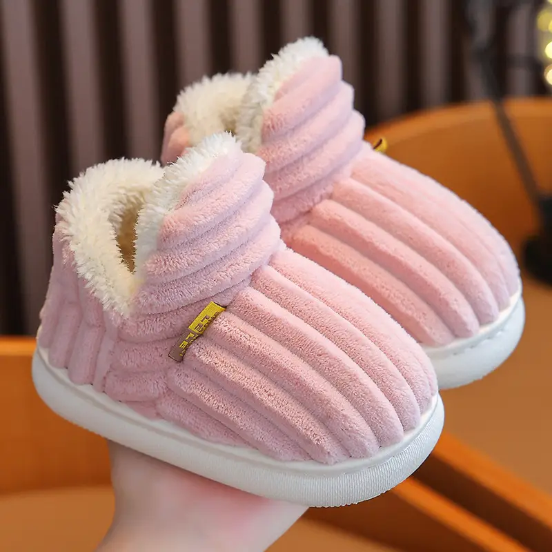 Children's cotton slippers winter boys and girls baby plush slippers indoor bag heel warm plush non-slip parent-child slippers